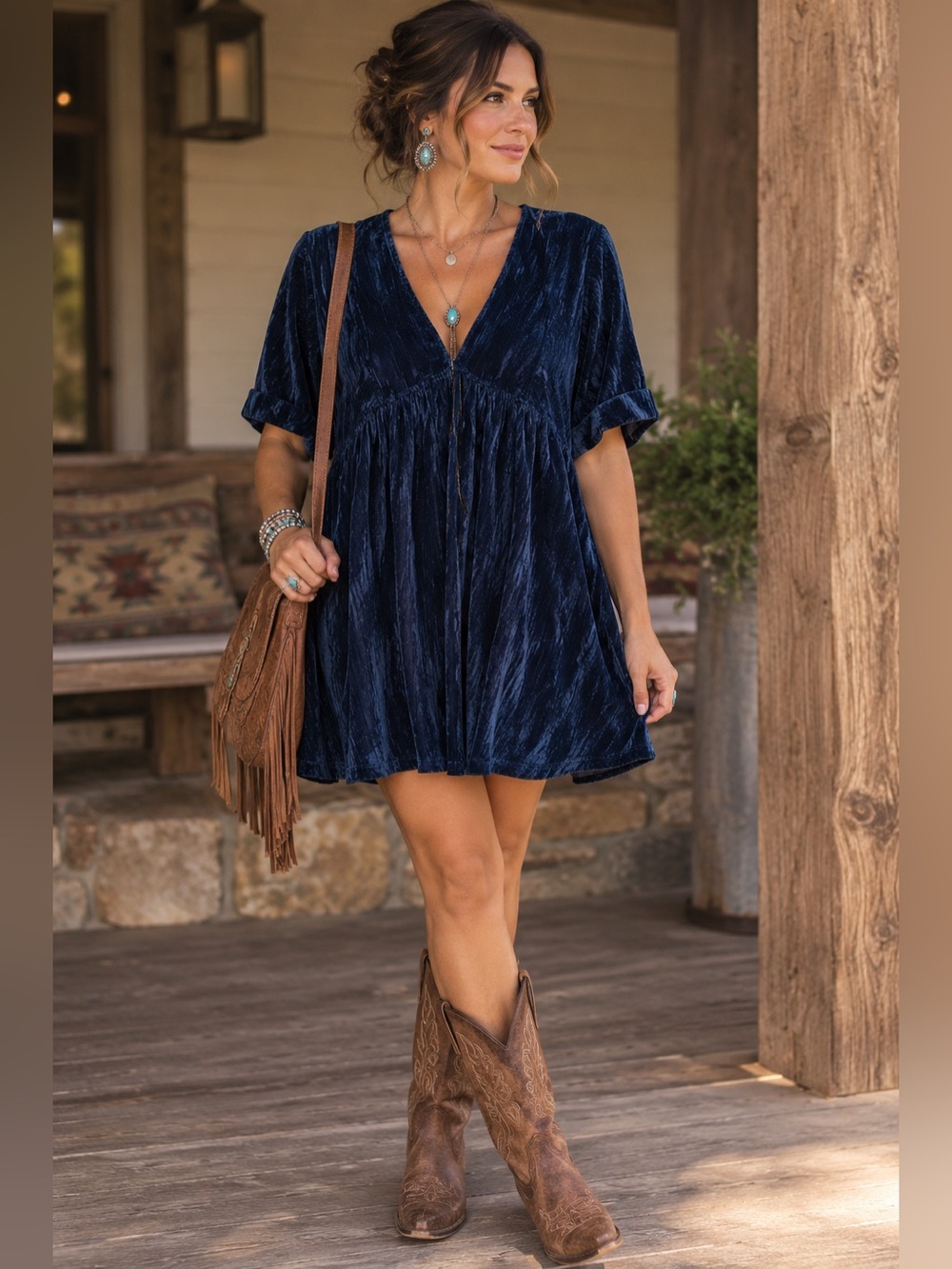 NATURAL LIFE Navy Blue Velvet Mini Dress Evening Cocktail Deep blue Boho Western